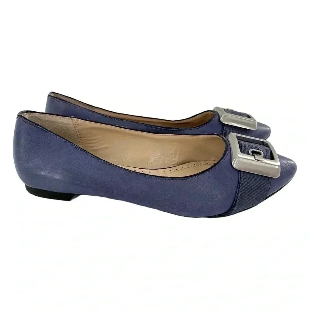 Adrienne Vittadini womens flats size 7 blue leather pointy to buckle balletcore